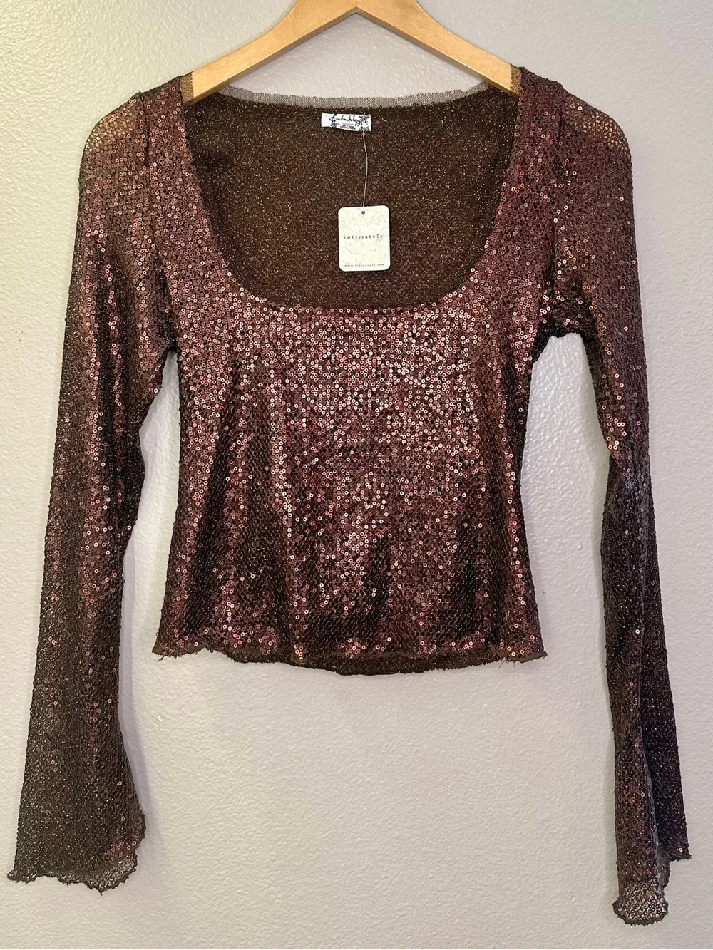 NWT Free People Intimately Late Night Disco Layering Top Sequin Hot Fudge Brown